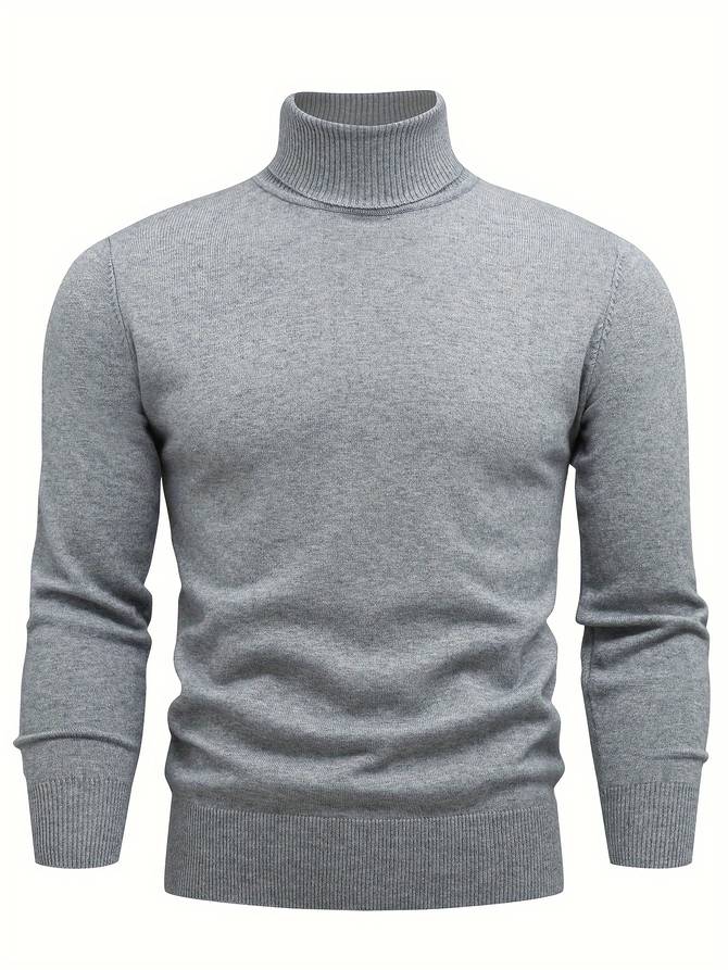 Pull col roulé gris pour homme, manches longues, en laine douce. Mode hiver élégante, vêtement chaud et confortable.