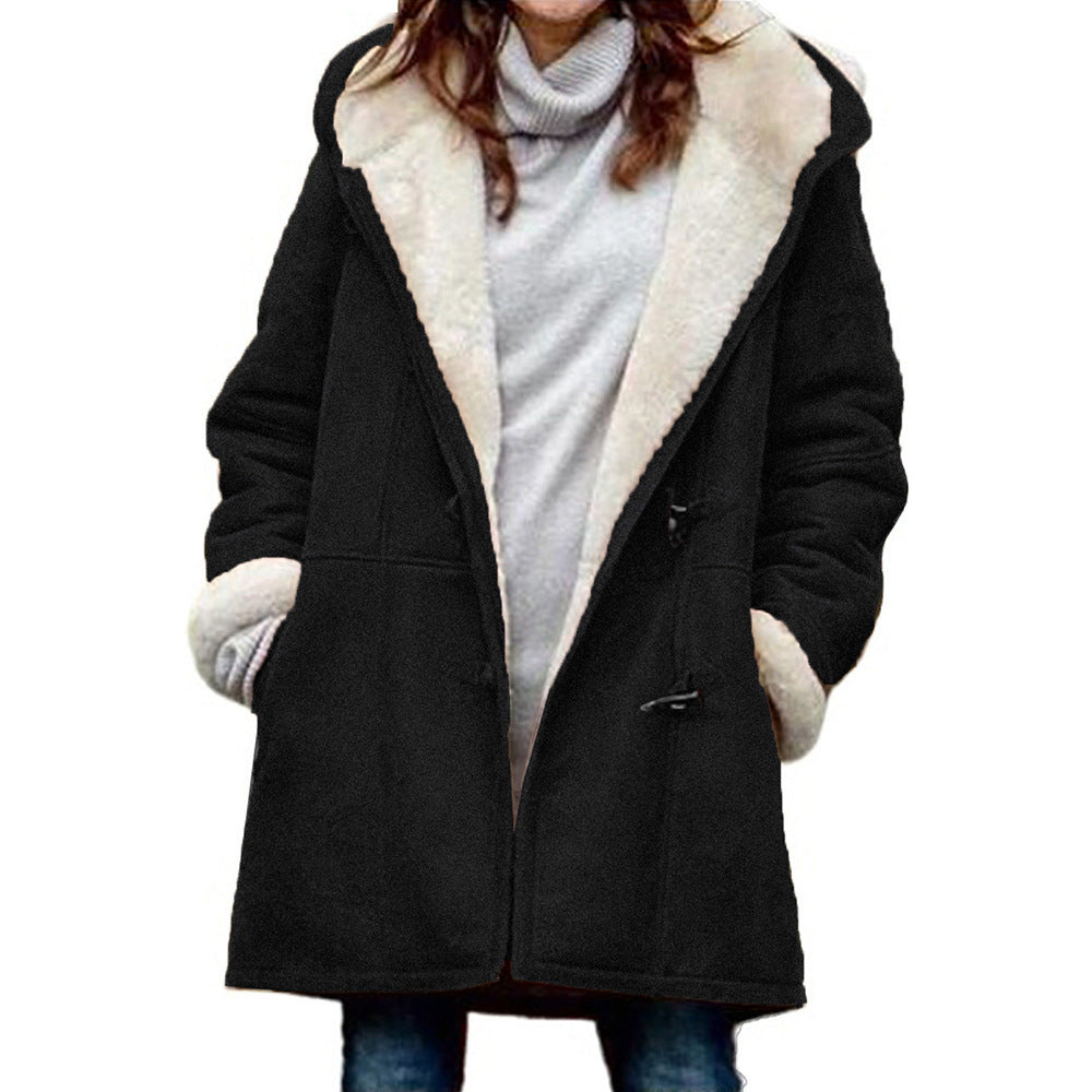 Manteau en laine noir avec doublure en fausse fourrure blanche, porté par une femme en pull gris. Mode hiver, style élégant et confortable.