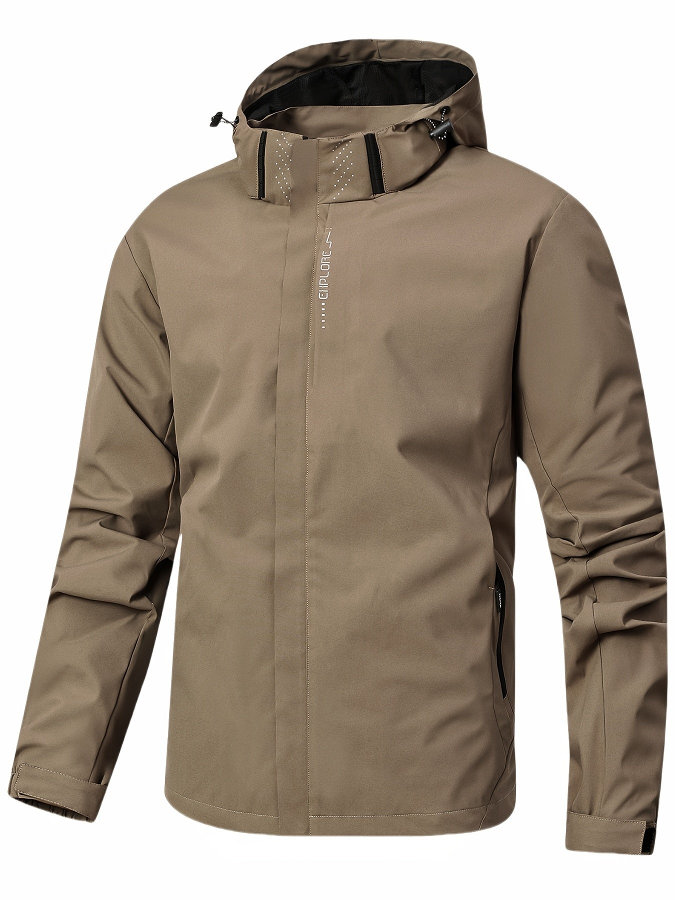 Veste imperméable beige pour homme avec capuche, fermeture éclair frontale, poches zippées, idéale pour randonnée et activités extérieures.