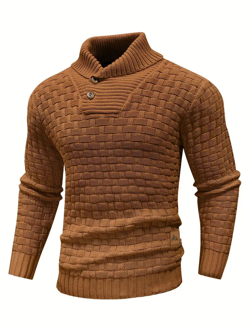 Pull-over marron en tricot torsadé avec col châle et boutons, manches longues, style élégant et moderne, idéal pour l'hiver et la mode masculine.