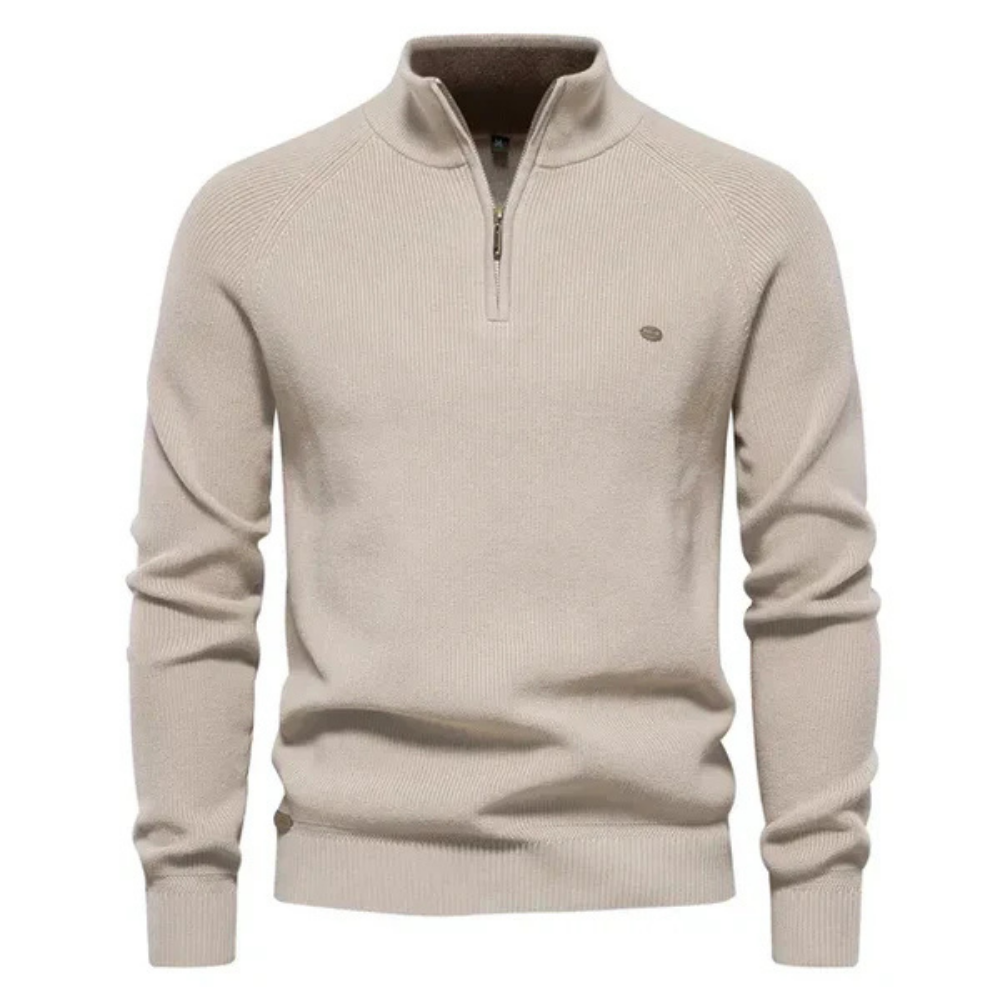Pull beige à col zippé pour homme, manches longues, style décontracté, idéal pour l'automne et l'hiver. Mode masculine élégante et confortable.