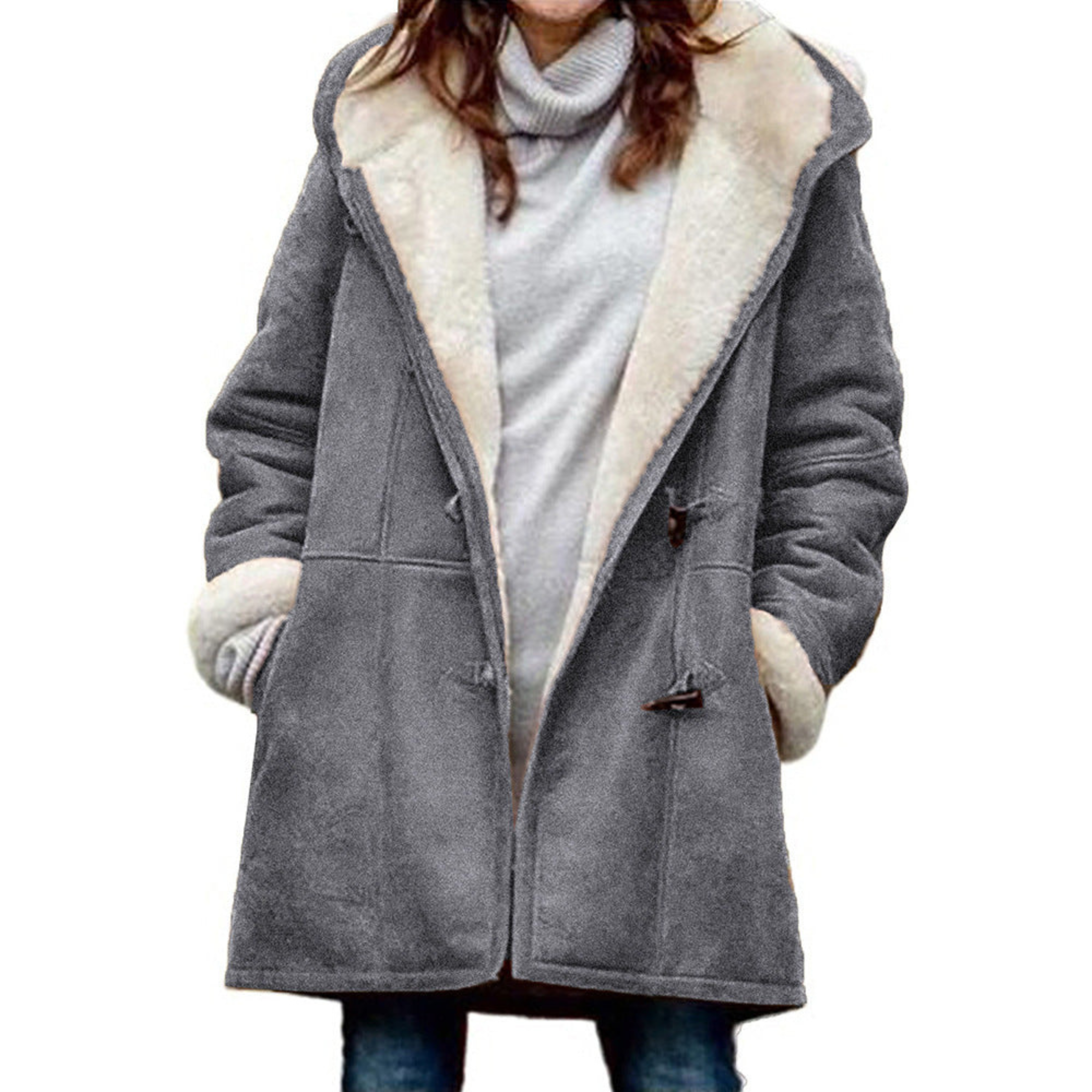 Manteau en laine gris pour femme avec doublure en fausse fourrure blanche, col large, boutons en bois, style hiver élégant et chaud.