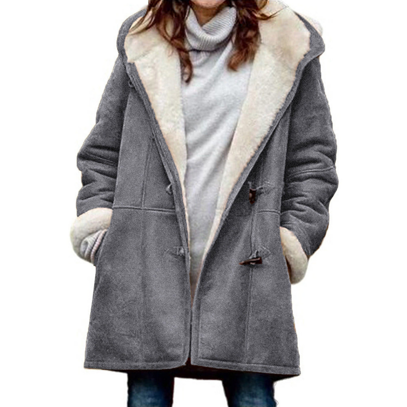 Manteau en laine gris pour femme avec doublure en fausse fourrure blanche, col large, boutons en bois, style hiver élégant et chaud.