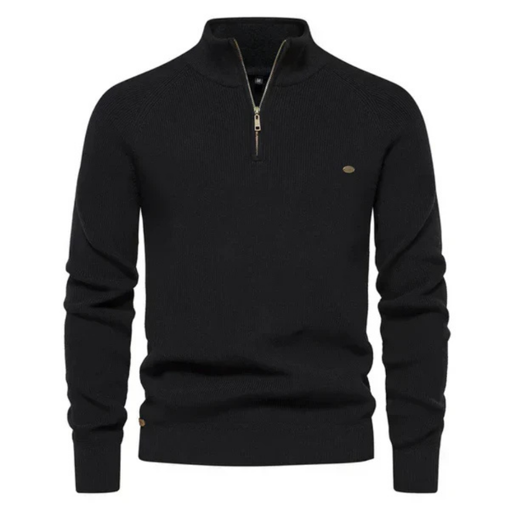 Pull noir à col zippé pour homme, élégant et moderne, idéal pour l'hiver. Vêtement chaud, mode masculine, style décontracté chic.