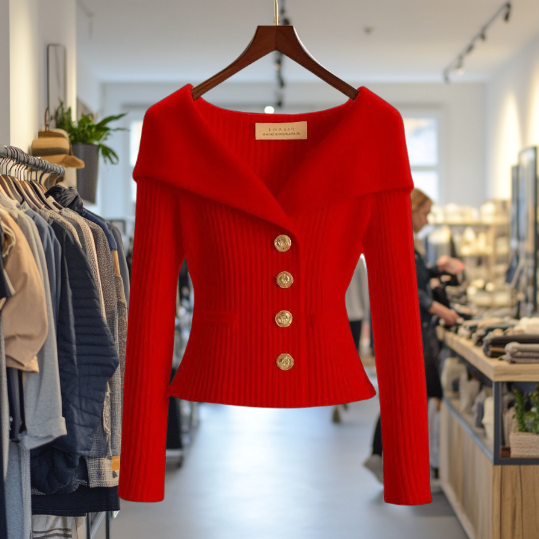 Veste rouge élégante avec boutons dorés, exposée dans une boutique de mode moderne. Vêtements tendance, style chic, prêt-à-porter féminin.