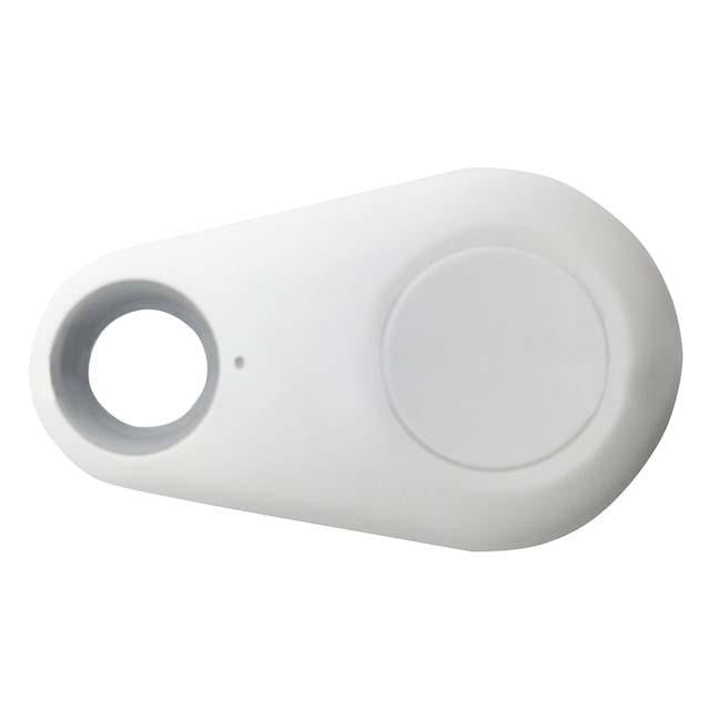 Traceur Bluetooth blanc en forme de goutte, avec bouton central et trou pour attache. Accessoire de localisation pour clés et objets personnels.