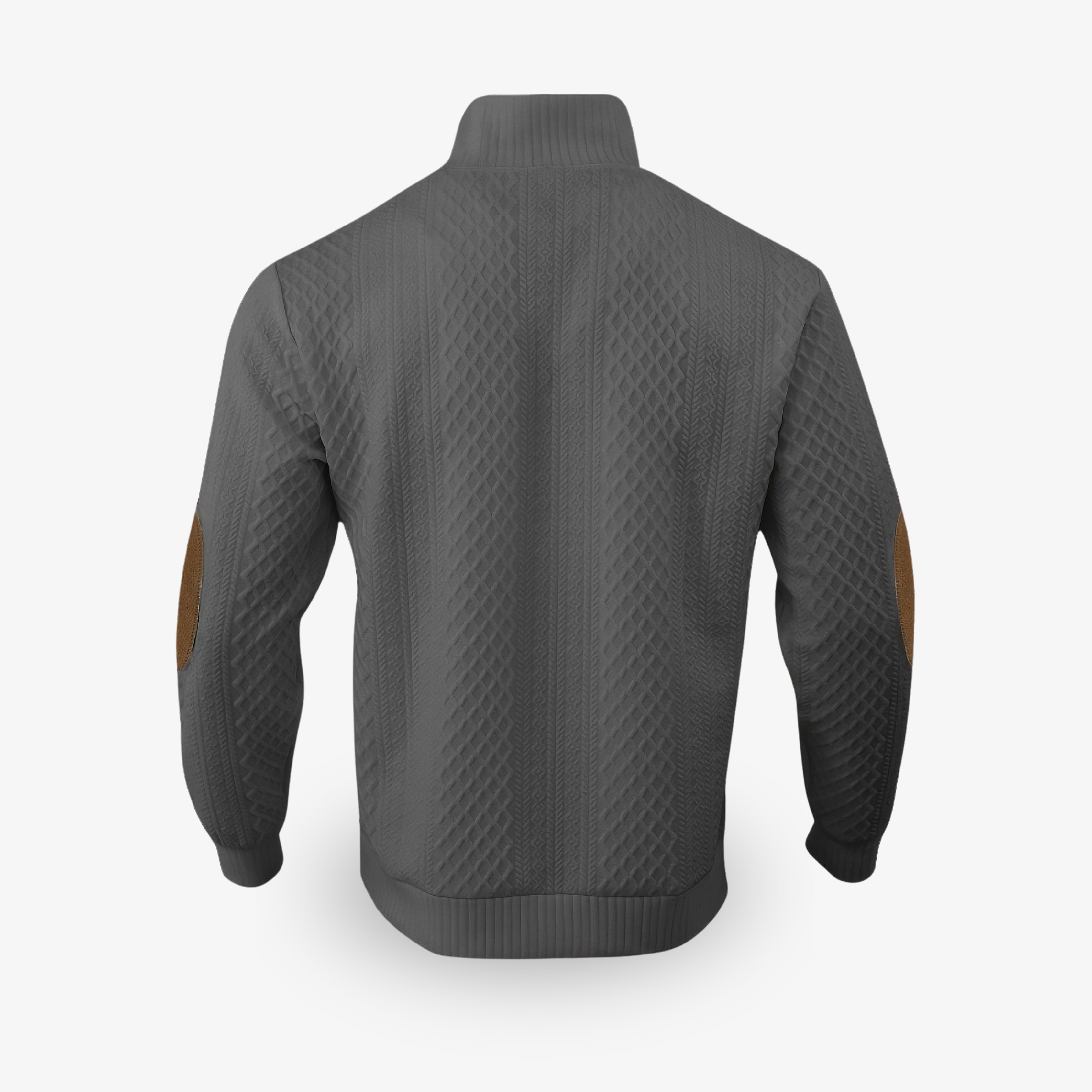 Veste en tricot gris pour homme avec motif à losanges, coudières marron, col montant, manches longues. Mode masculine élégante et moderne.