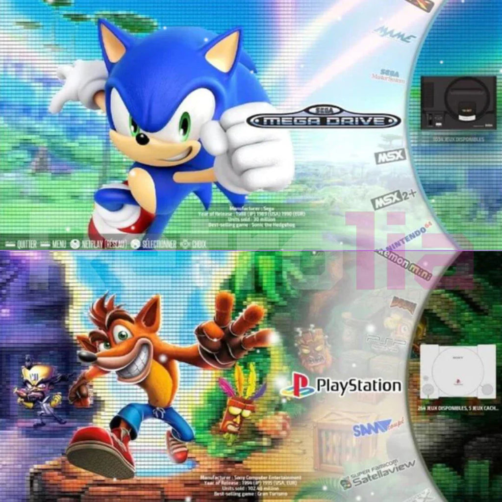 Image de Sonic et Crash Bandicoot, icônes du jeu vidéo, sur fond coloré. Logos Sega Mega Drive et PlayStation visibles. Personnages en action dynamique.