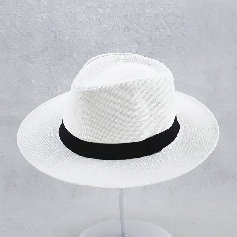 Chapeau Panama blanc élégant avec bande noire, posé sur support. Accessoire de mode classique, idéal pour l'été et les tenues décontractées.