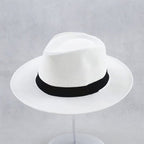 Chapeau Panama blanc élégant avec bande noire, posé sur support. Accessoire de mode classique, idéal pour l'été et les tenues décontractées.