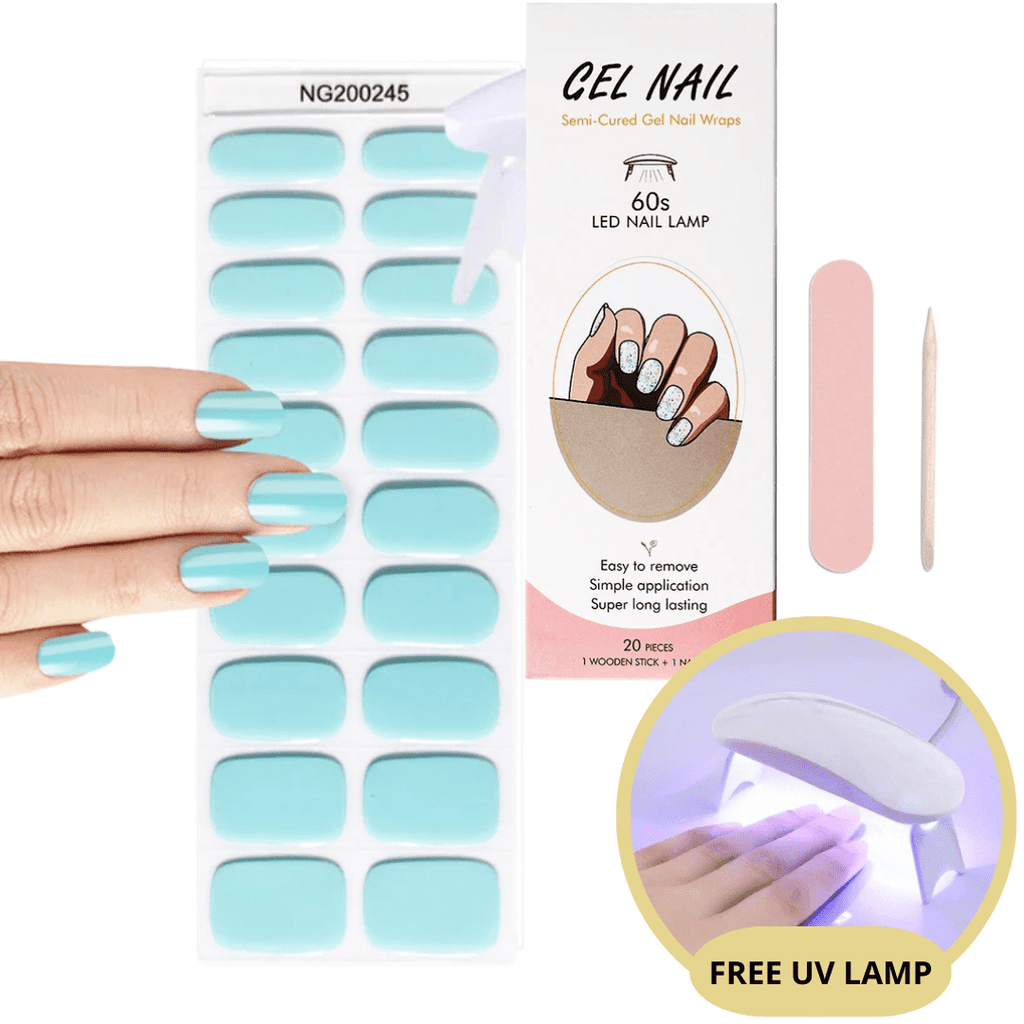 Autocollants ongles gel semi-polymérisés bleu, boîte de 20 pièces, avec lime, bâtonnet bois, lampe UV gratuite incluse pour manucure facile.