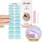 Autocollants ongles gel semi-polymérisés bleu, boîte de 20 pièces, avec lime, bâtonnet bois, lampe UV gratuite incluse pour manucure facile.