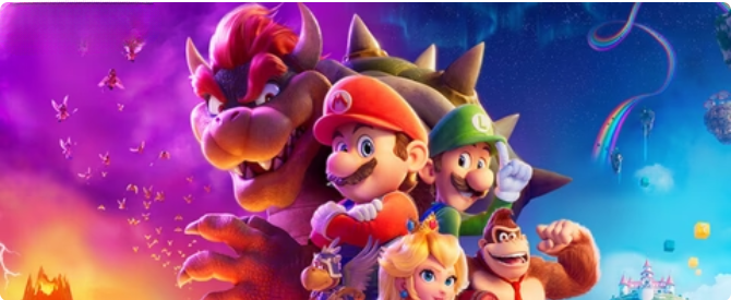 Personnages de jeu vidéo colorés, incluant Mario, Luigi, Bowser, Peach et Donkey Kong, posant ensemble dans un décor fantastique et vibrant.