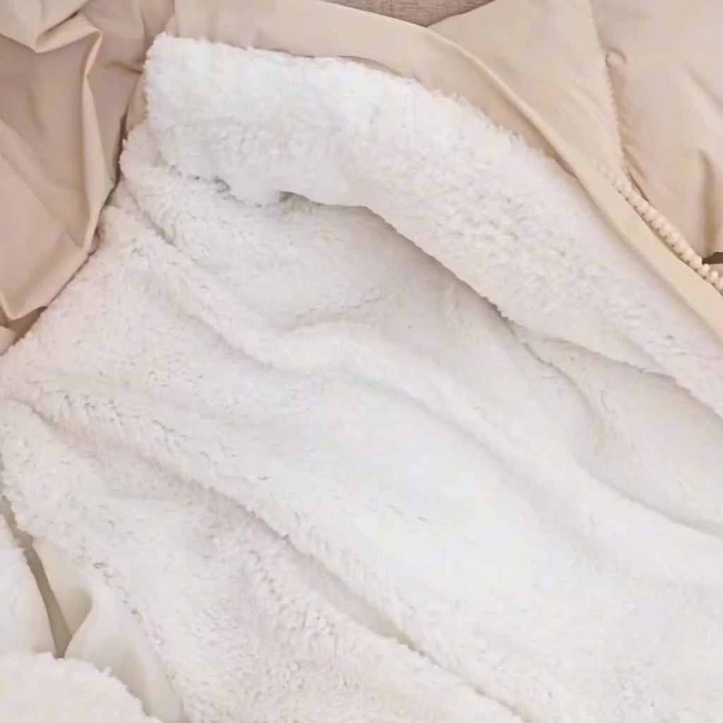 Veste en fausse fourrure blanche, douce et moelleuse, posée sur un fond beige. Mode hiver, confort, tendance, vêtement chaud.