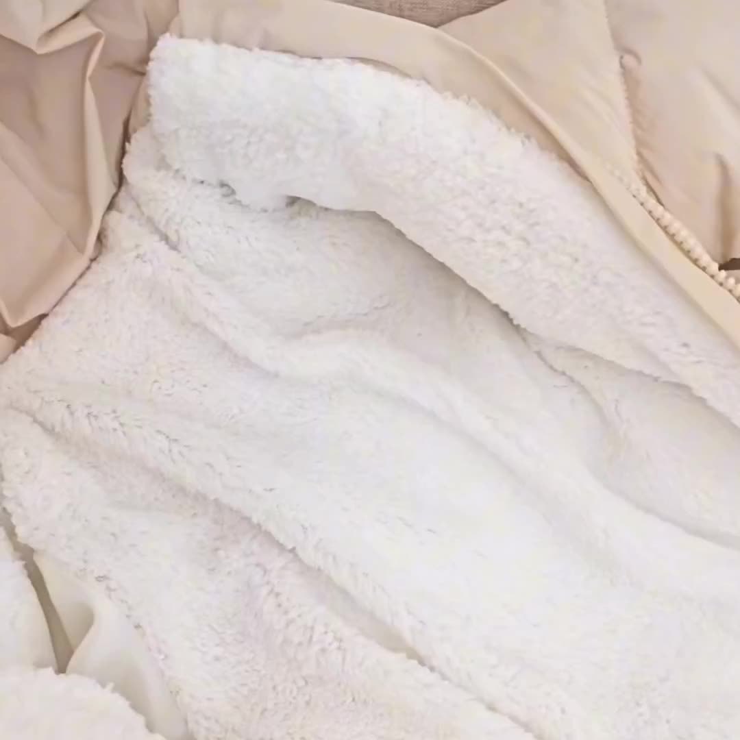 Veste en fausse fourrure blanche, douce et moelleuse, posée sur un fond beige. Mode hiver, confort, tendance, vêtement chaud.