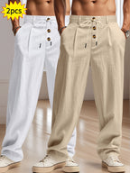 Pantalons décontractés pour hommes en lin, blanc et beige, avec cordon de serrage et boutons en bois, style ample, parfaits pour l'été.