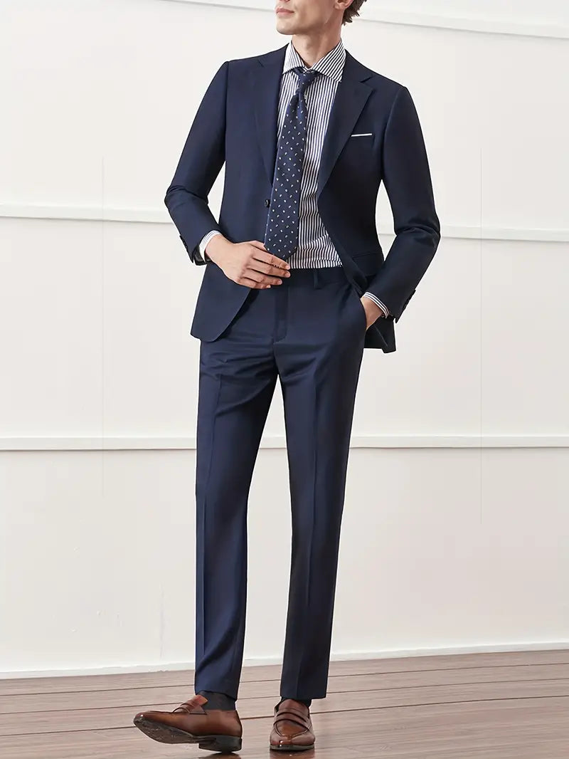 Homme en costume bleu marine élégant, chemise rayée et cravate à pois, chaussures marron. Mode masculine, tenue professionnelle chic.