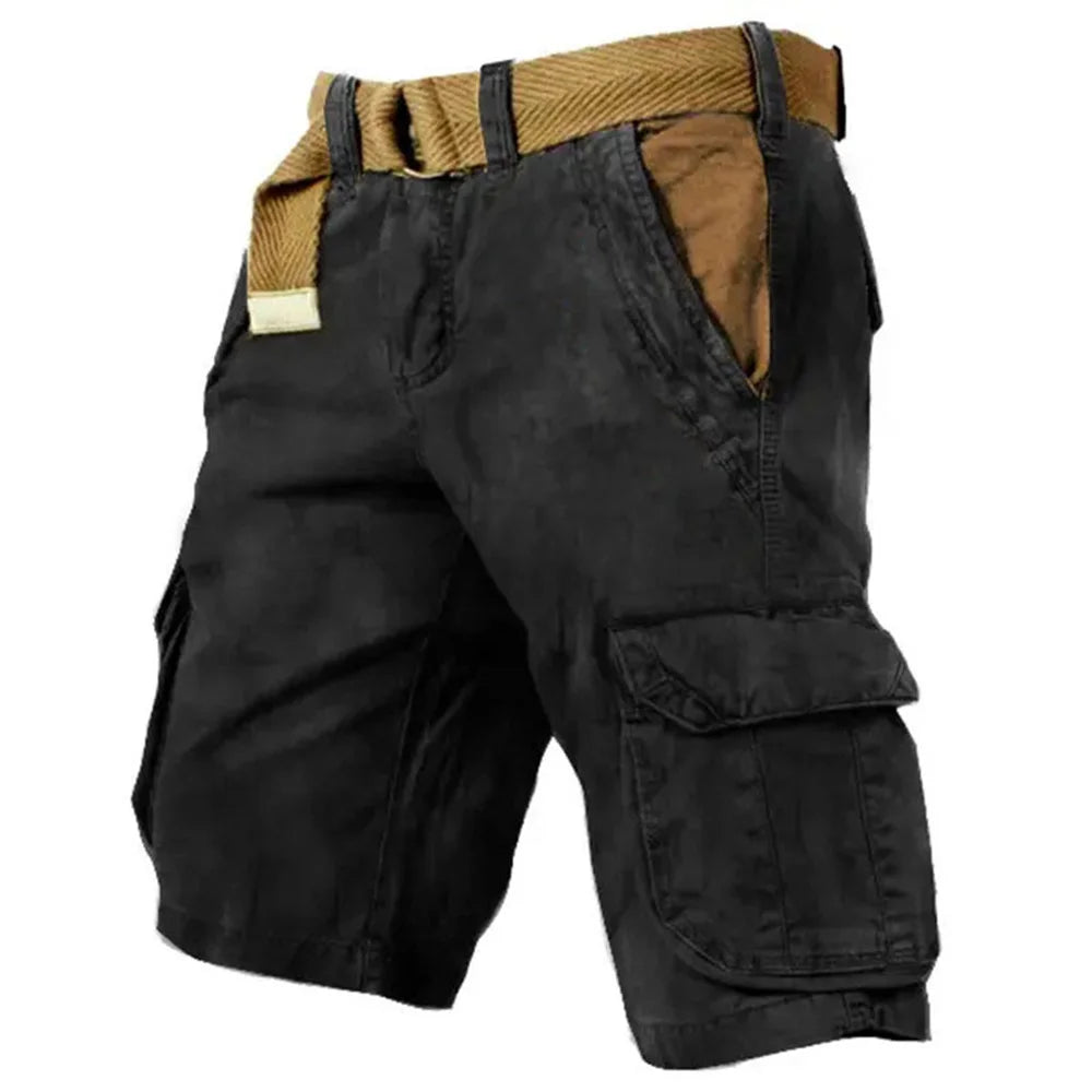 Short cargo noir avec ceinture beige, poches latérales spacieuses, style décontracté pour homme, idéal pour l'été et les activités en plein air.