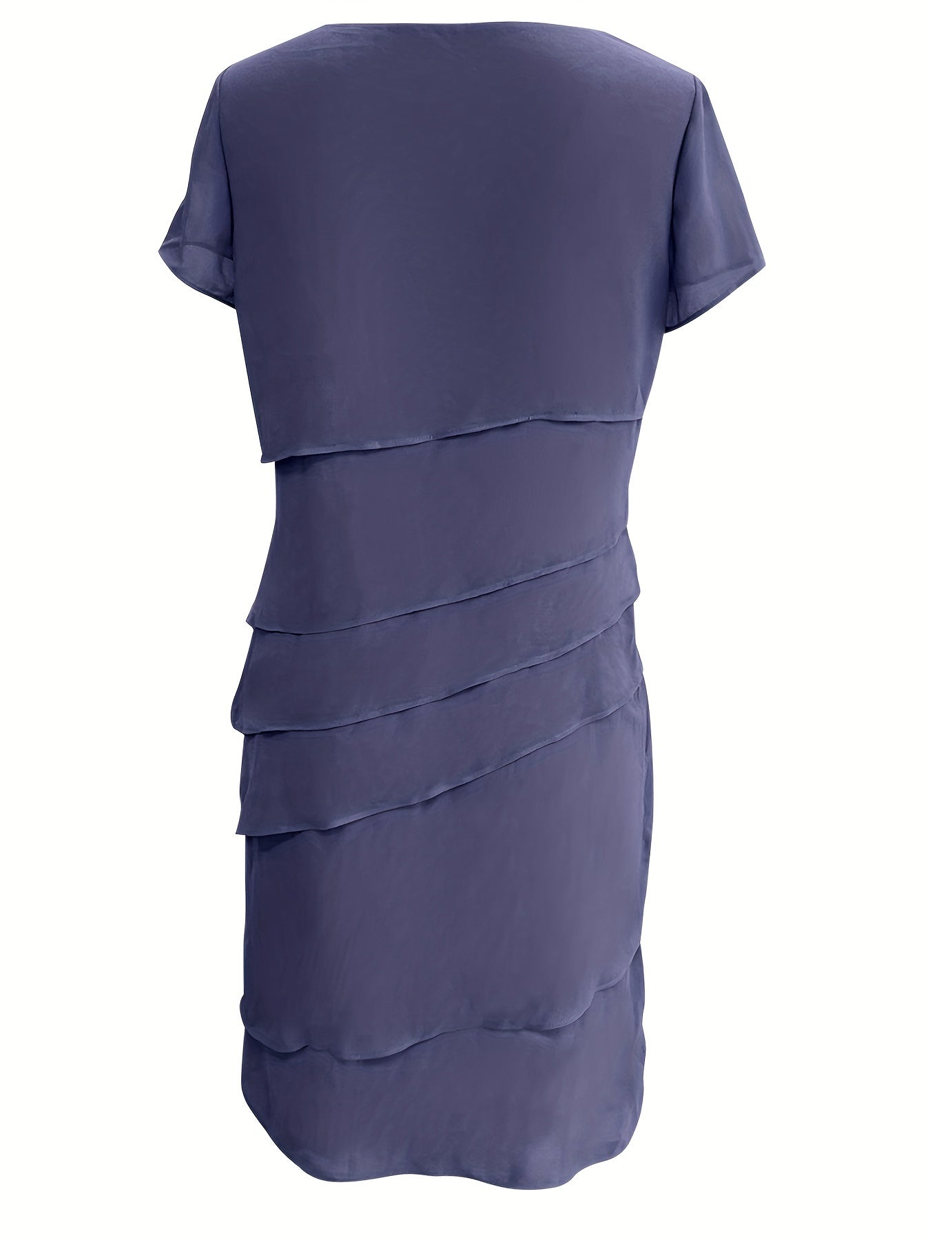 Elegante vestido formal de una sola capa con ribete de color, cuello redondo y manga corta para mujer | Para ocasiones formales