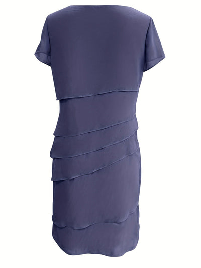 Elegante vestido formal de una sola capa con ribete de color, cuello redondo y manga corta para mujer | Para ocasiones formales