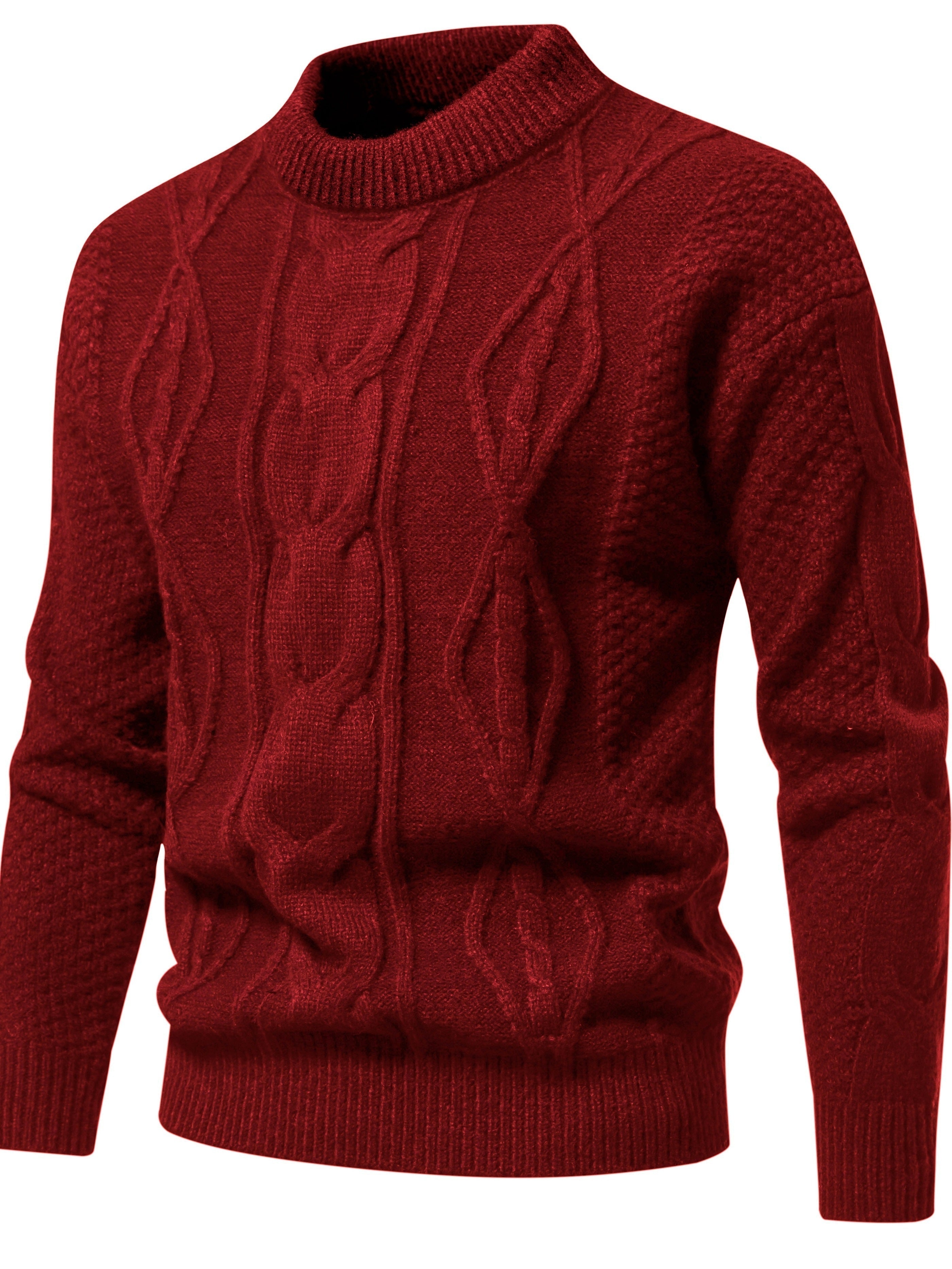 Pull en laine rouge avec motif torsadé, col rond. Vêtement chaud et élégant pour l'hiver, idéal pour la mode masculine.