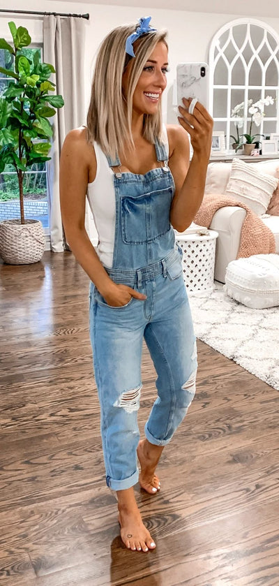 Pantalones de mujer - Mono vaquero informal con diseño de lágrima y tirantes ajustables