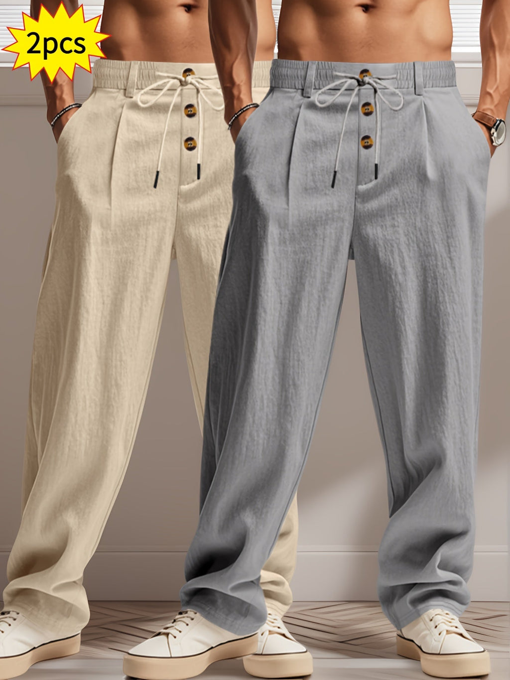 Pantalons en lin pour hommes, beige et gris, avec cordon de serrage et boutons en bois, style décontracté, lot de 2 pièces, mode estivale.