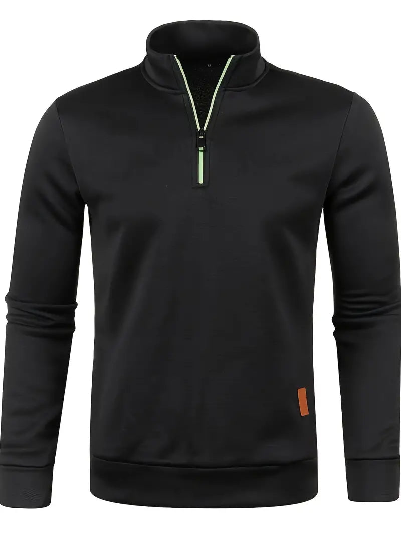 Sweat-shirt noir à col zippé pour homme, manches longues, design moderne, idéal pour mode décontractée et sportswear.