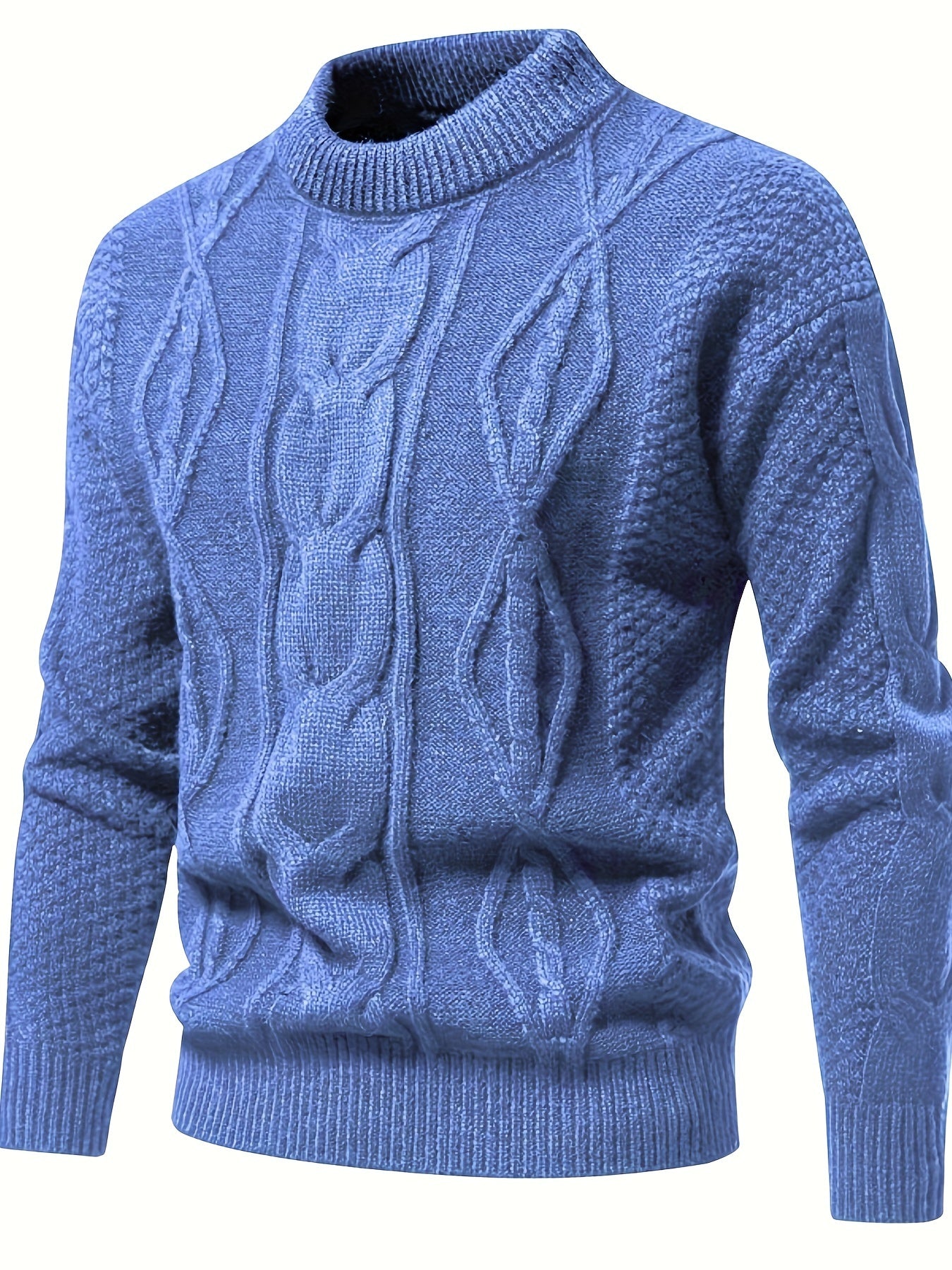Pull-over bleu en tricot torsadé pour homme, col rond, manches longues, style élégant et chaud, idéal pour l'hiver et la mode décontractée.