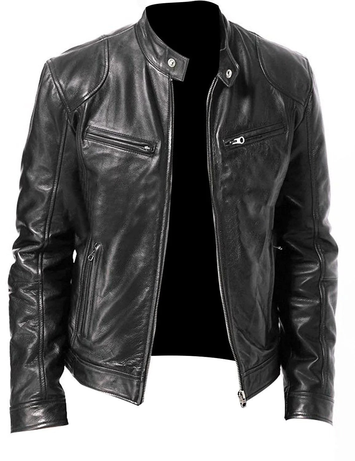 Veste en cuir noir pour homme, style motard, avec fermeture éclair, poches zippées et col montant. Mode masculine, blouson tendance.