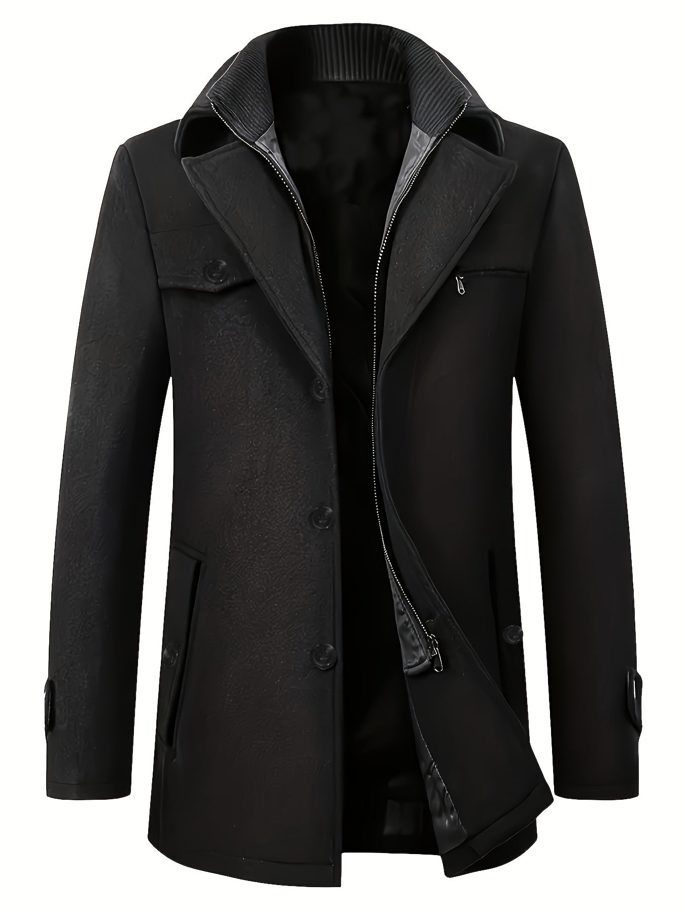 Manteau noir élégant pour homme, style trench-coat, avec col montant et fermeture éclair, idéal pour l'hiver et les occasions formelles.