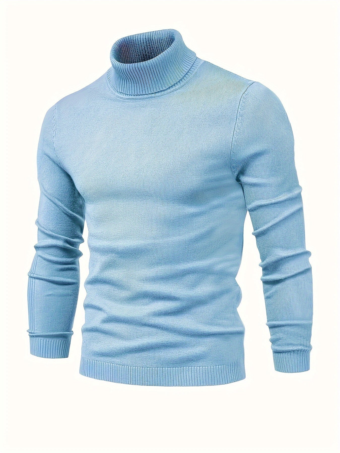 Pull bleu clair à col roulé pour homme, manches longues, tricoté, élégant et moderne, idéal pour l'hiver et les tenues décontractées.