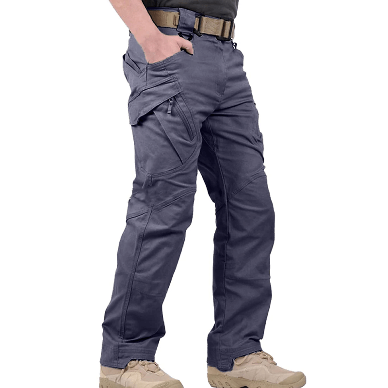 Pantalon cargo tactique gris pour homme, poches multiples, ceinture intégrée, idéal pour activités extérieures, randonnée, style militaire.