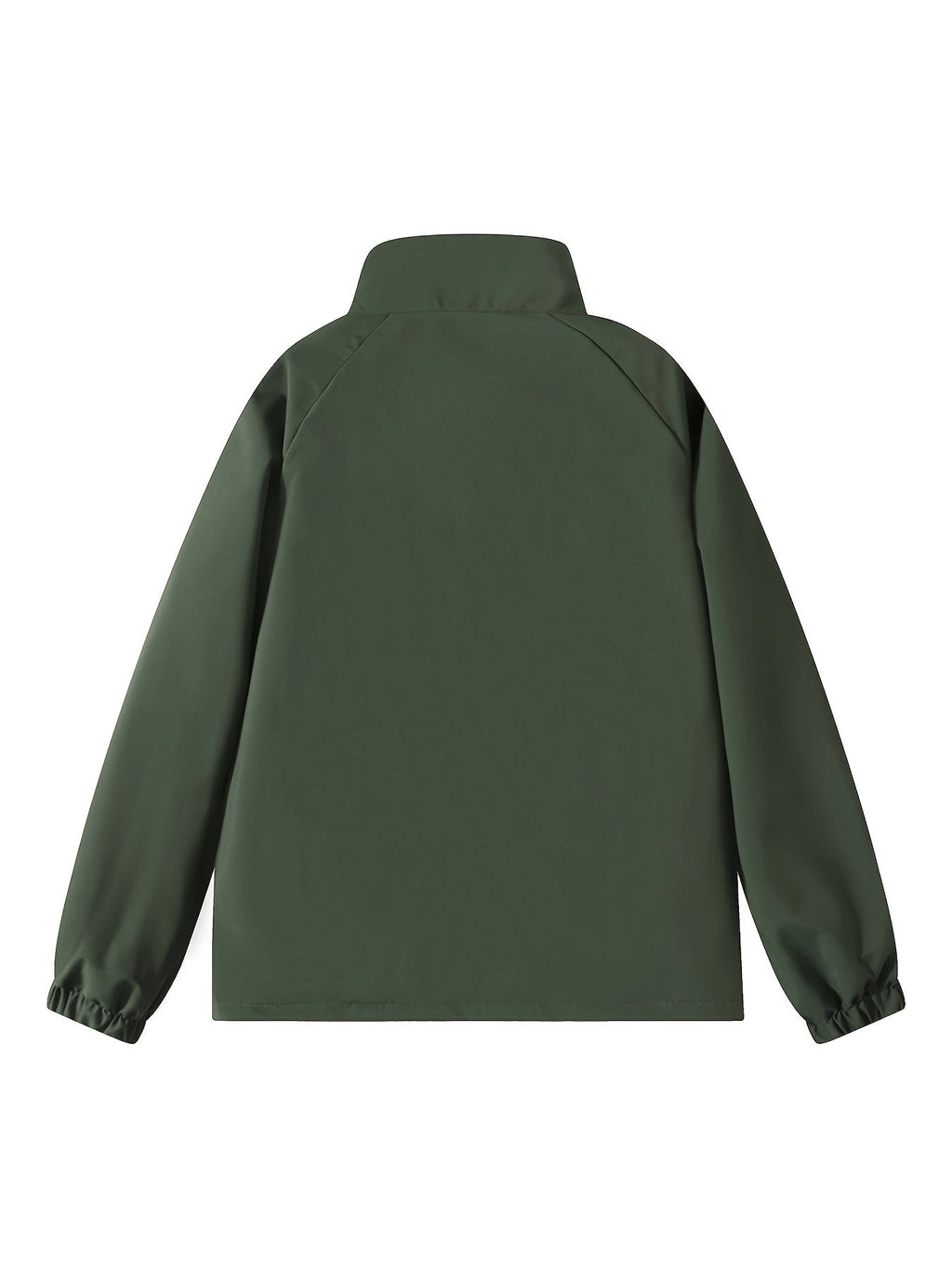 Veste verte unie pour homme, vue de dos, avec col montant et manches longues élastiquées. Style décontracté, idéale pour l'automne et l'hiver.