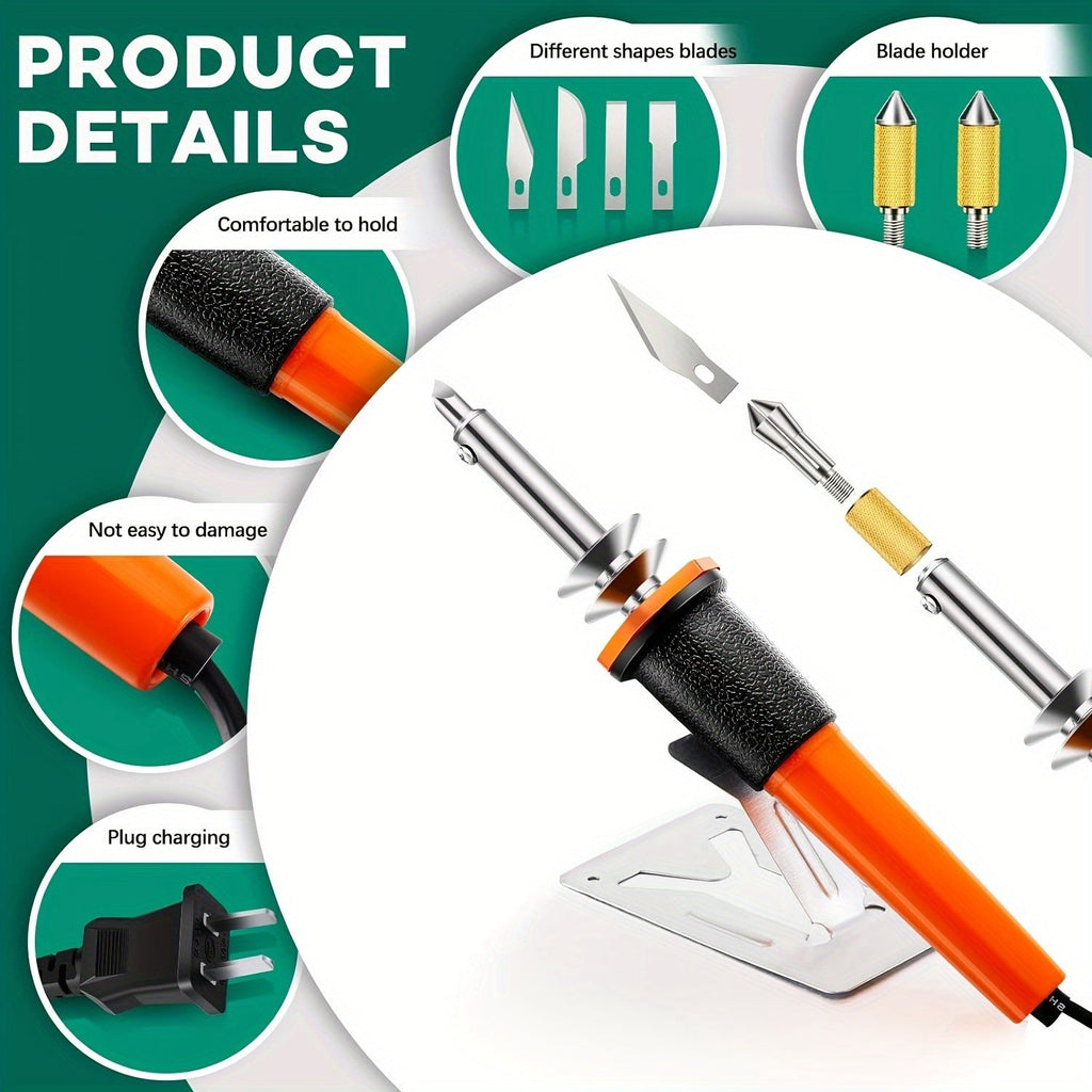 Fer à souder multifonctionnel avec lames interchangeables, manche ergonomique, support de lame, câble de charge, idéal pour bricolage et électronique.