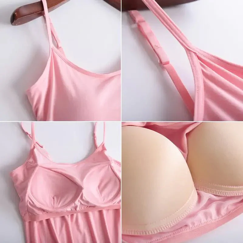 Débardeur rose avec soutien-gorge intégré, bretelles ajustables, tissu doux et confortable. Vêtement féminin, lingerie pratique et élégante.