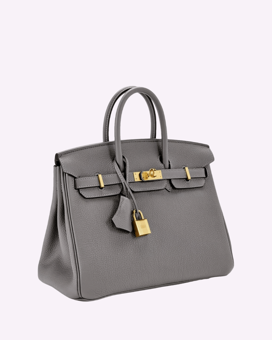 Sac à main Birkin gris en cuir avec fermoir doré et cadenas, design élégant et luxueux, accessoire de mode haut de gamme pour femmes.