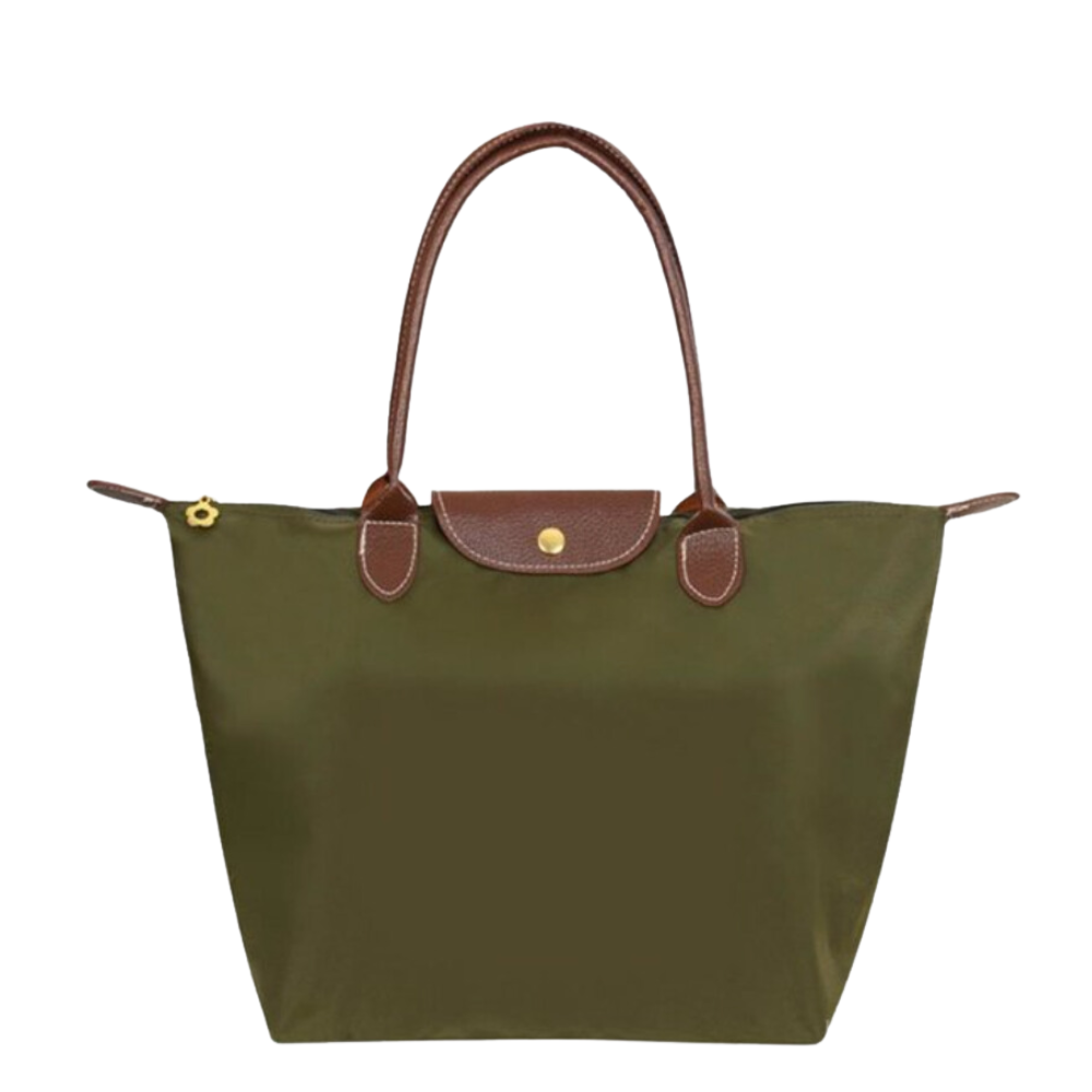 Sac à main en toile vert olive avec poignées en cuir marron, bouton pression doré, design élégant et pratique, parfait pour un usage quotidien.