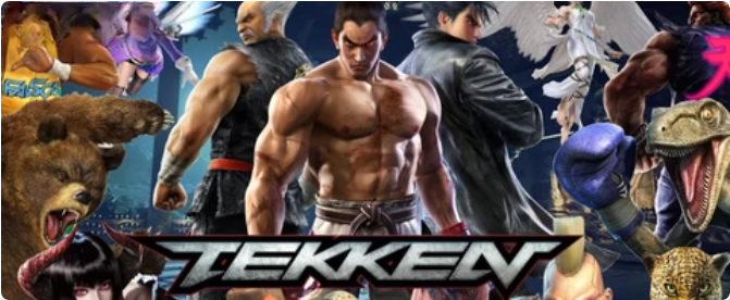 Image promotionnelle du jeu vidéo Tekken avec personnages emblématiques, dont Kazuya Mishima, Heihachi, et un ours, sur fond de ville nocturne.