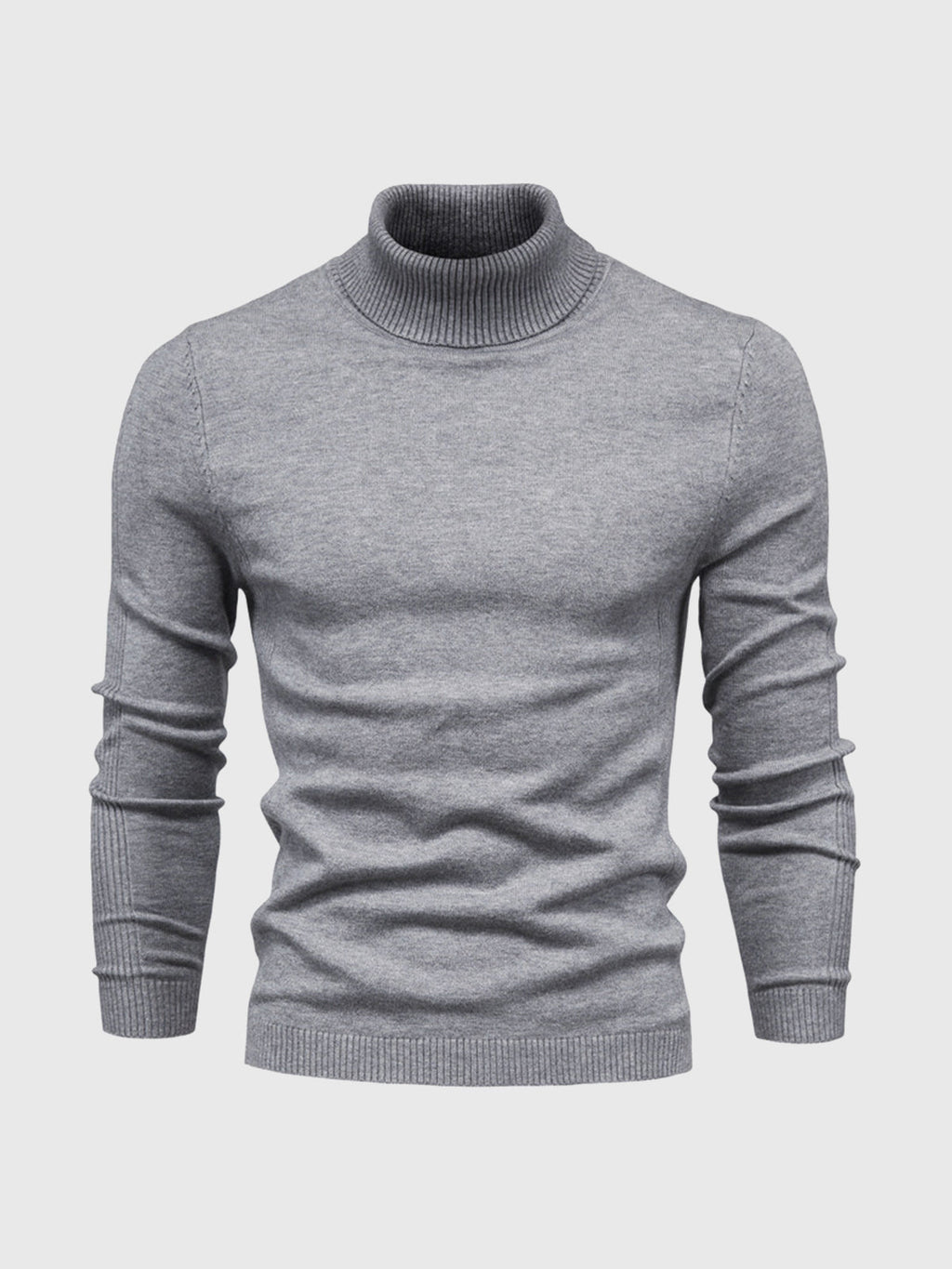 Pull col roulé gris pour homme, manches longues, en laine douce, style élégant et moderne, idéal pour l'hiver et les tenues décontractées.