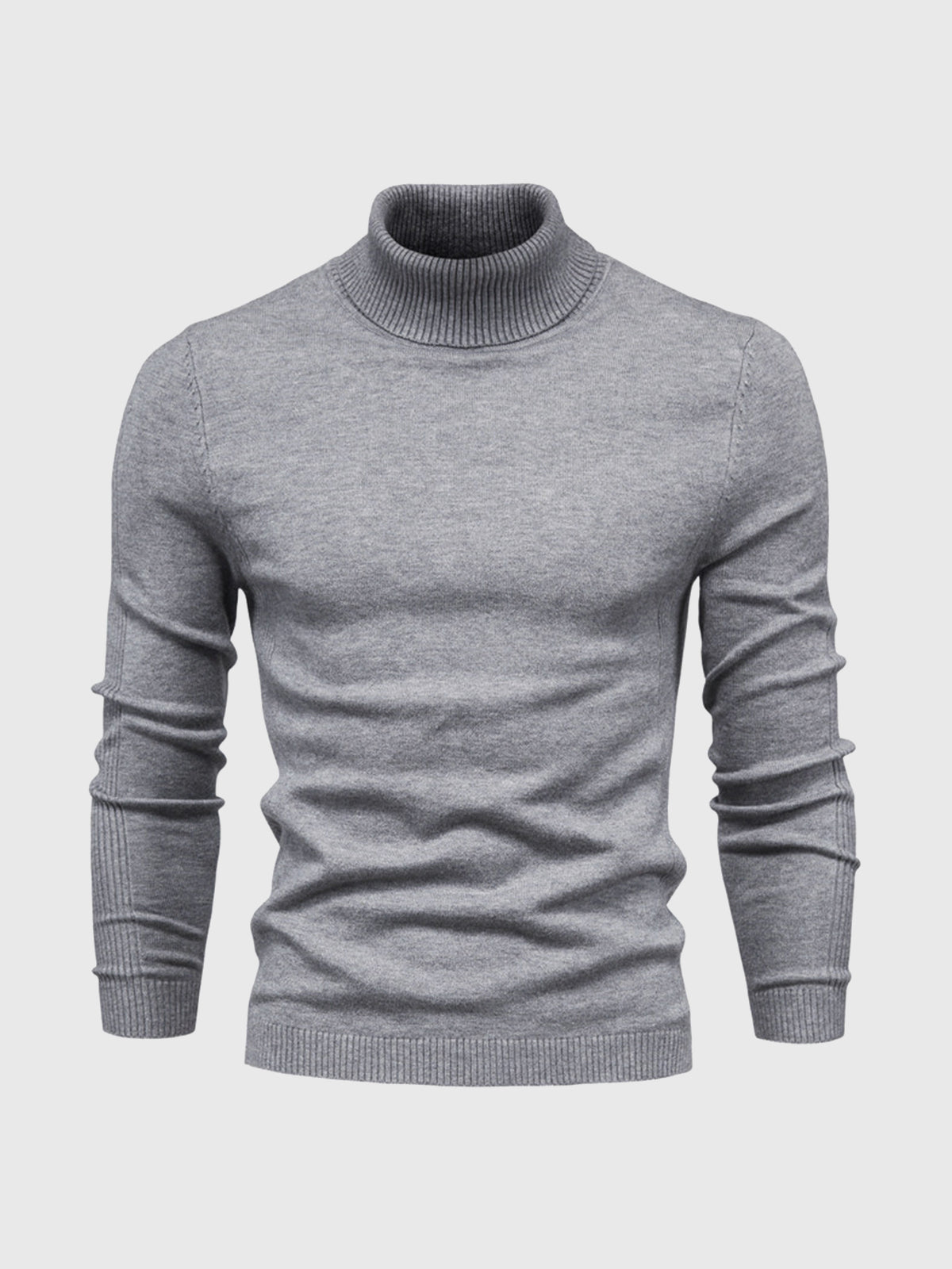 Pull col roulé gris pour homme, manches longues, en laine douce, style élégant et moderne, idéal pour l'hiver et les tenues décontractées.