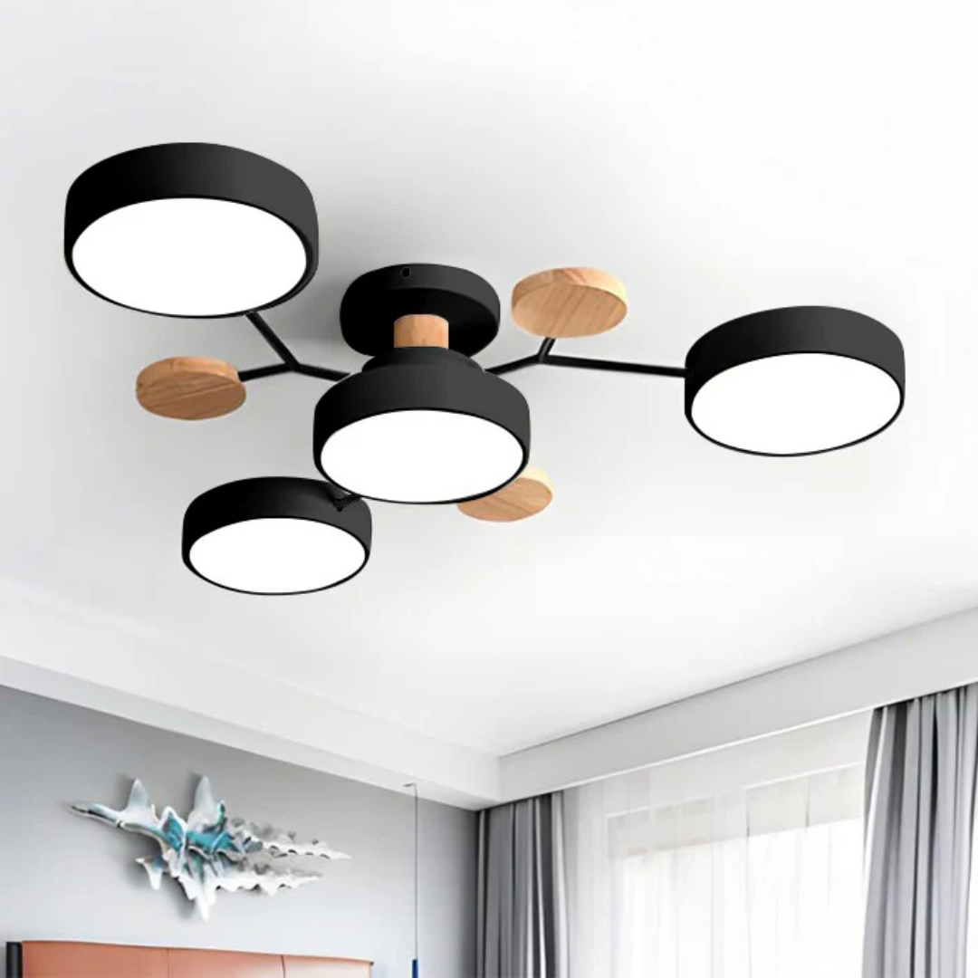 Plafonnier moderne noir et bois à cinq lumières LED, design minimaliste, éclairage intérieur, salon contemporain, décoration plafond élégante.
