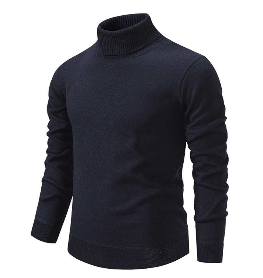 Pull col roulé noir pour homme, manches longues, design élégant et moderne, idéal pour l'hiver. Mode masculine, vêtement chaud et confortable.
