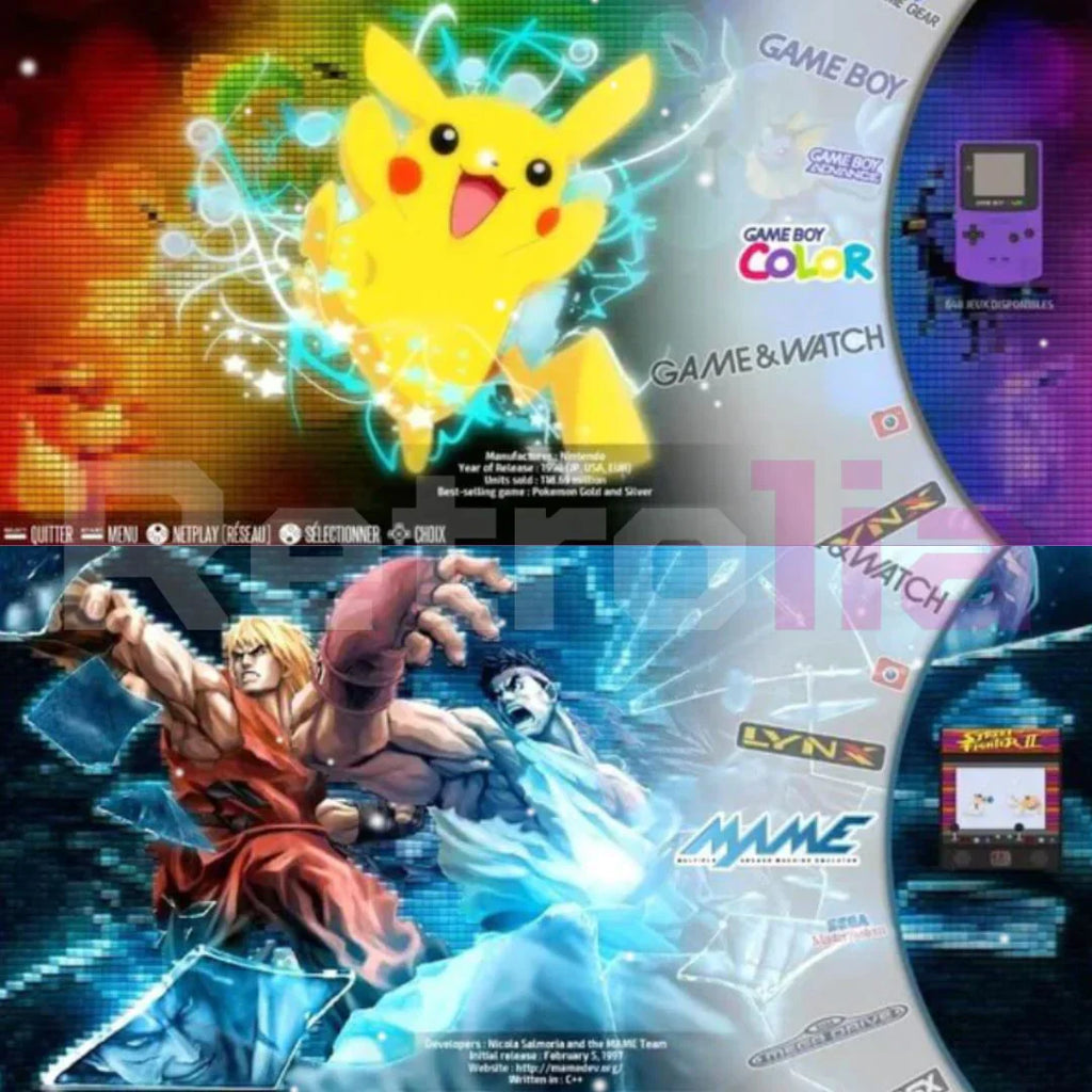 Image colorée avec Pikachu et logos Game Boy, Game Boy Color, Game & Watch. En bas, personnages de Street Fighter avec logos Lynx et MAME.