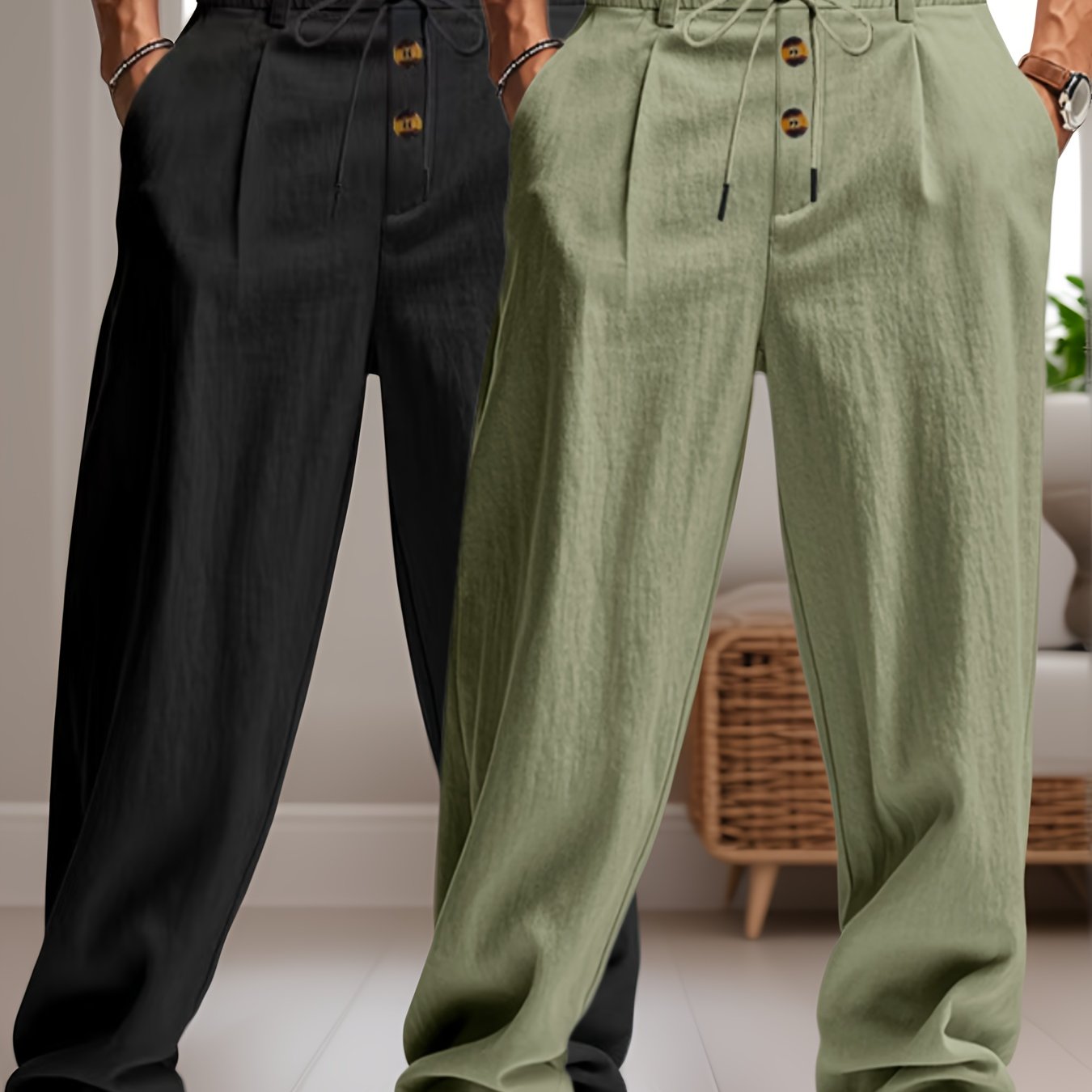 Deux pantalons en lin pour hommes, l'un noir et l'autre vert olive, avec cordon de serrage et boutons en bois, posés dans un intérieur moderne.