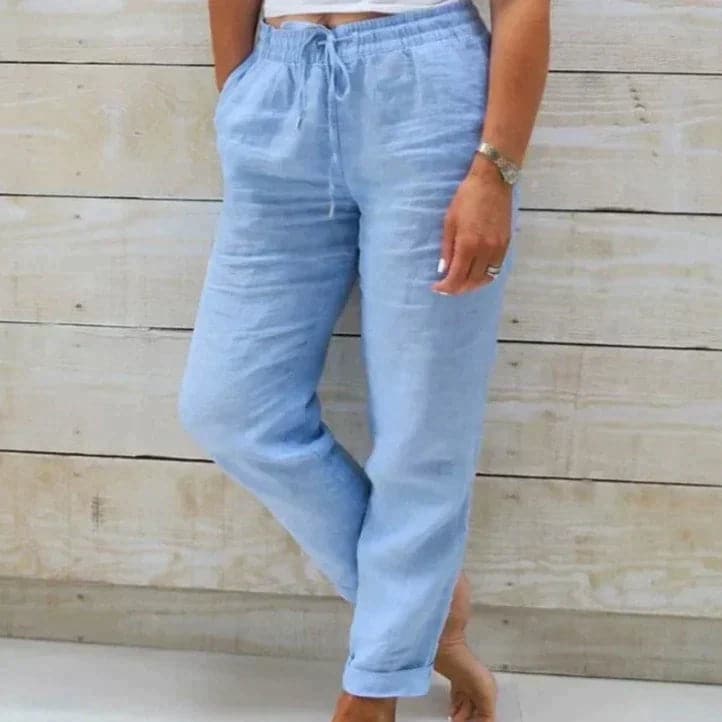 Pantalon en lin bleu clair pour femme, taille élastique avec cordon, style décontracté, idéal pour l'été, confort et élégance.