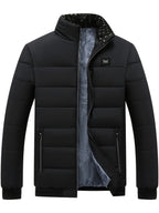 Veste d'hiver noire pour homme, matelassée, avec doublure en fourrure synthétique, fermeture éclair, col montant, poches zippées.