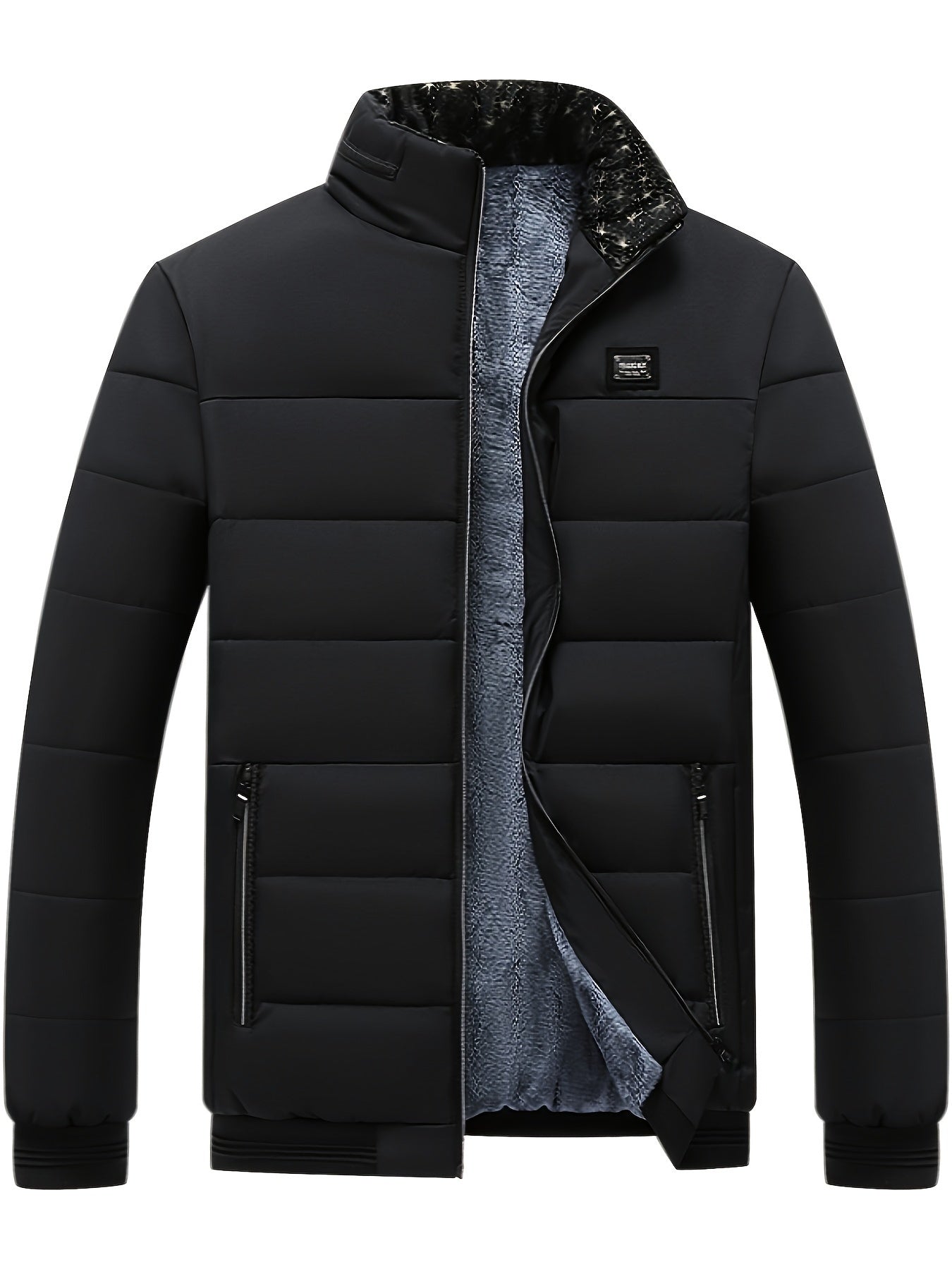 Veste d'hiver noire pour homme, matelassée, avec doublure en fourrure synthétique, fermeture éclair, col montant, poches zippées.