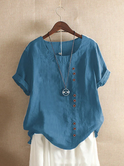Blusa de lino para mujer - Cierre asimétrico con botones - Mangas cortas