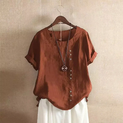 Blusa de lino para mujer - Cierre asimétrico con botones - Mangas cortas